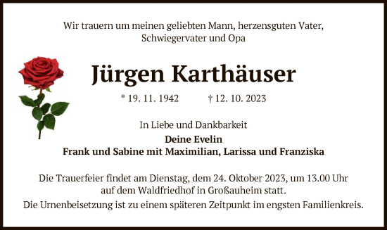 Traueranzeige von Jürgen Karthäuser von OF