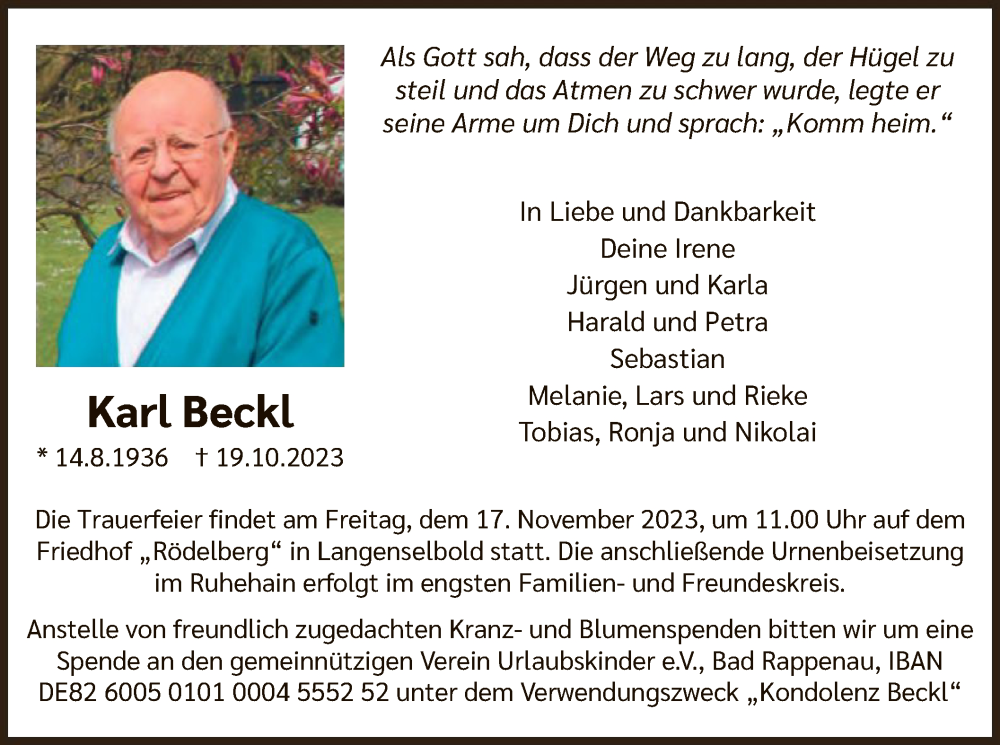  Traueranzeige für Karl Beckl vom 28.10.2023 aus OF