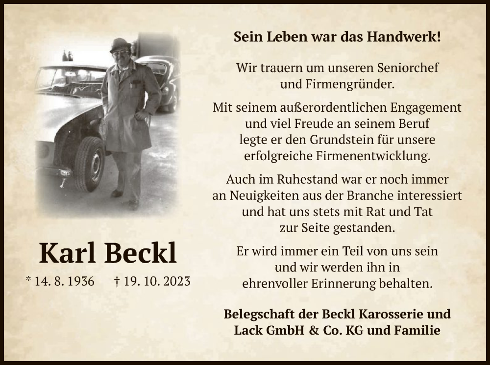  Traueranzeige für Karl Beckl vom 28.10.2023 aus OF