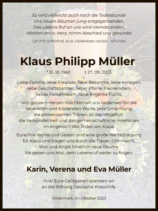 Traueranzeige von Klaus Philipp Müller von OF