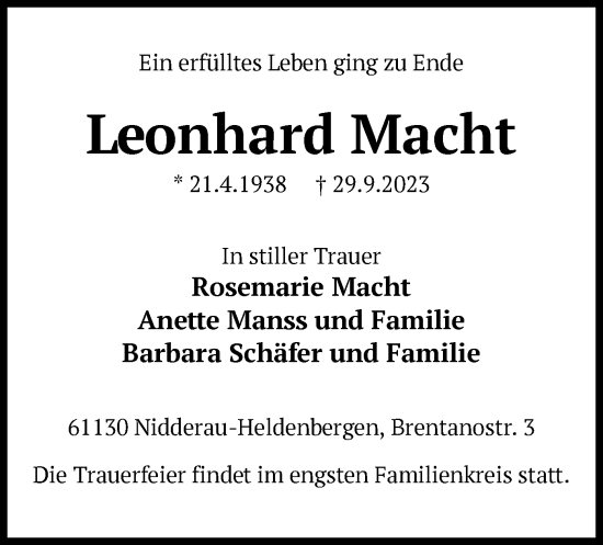 Traueranzeige von Leonhard Macht von OF