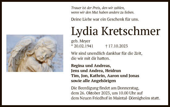 Traueranzeige von Lydia Kretschmer von OF