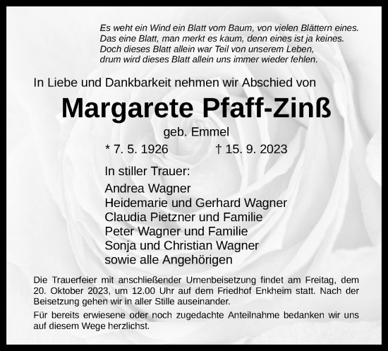 Traueranzeige von Margarete Pfaff-Zinß von OF