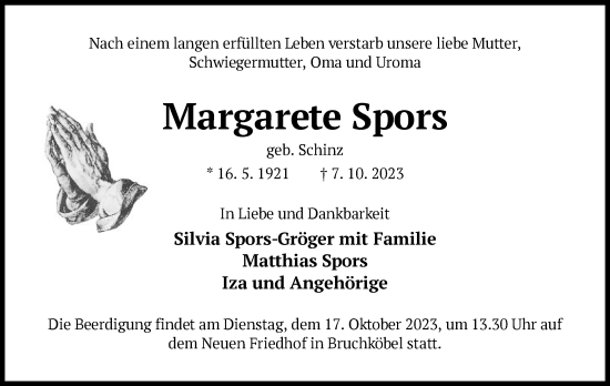 Traueranzeige von Margarete Spors von OF