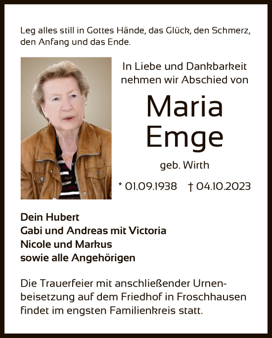 Traueranzeige von Maria Emge von OF