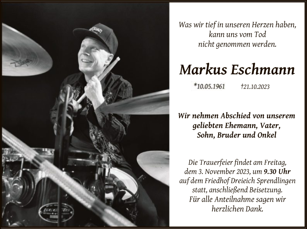 Traueranzeige für Markus Eschmann vom 28.10.2023 aus OF