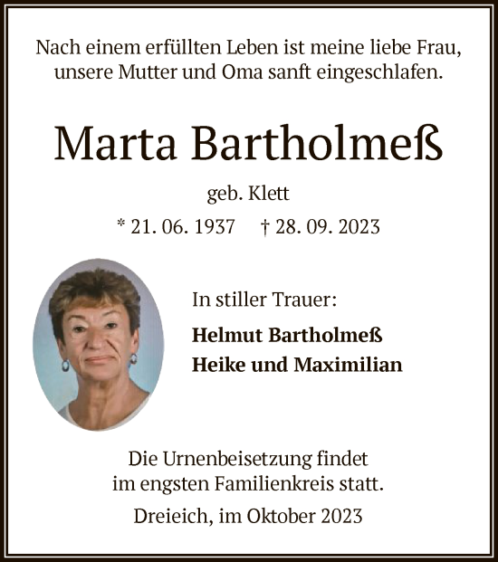 Traueranzeige von Marta Bartholmeß von OF