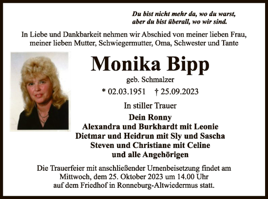 Traueranzeige von Monika Bipp von OF