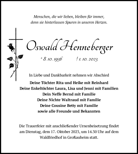 Traueranzeige von Oswald Henneberger von OF