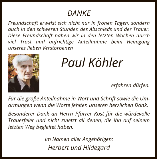 Traueranzeige von Paul Köhler von OF