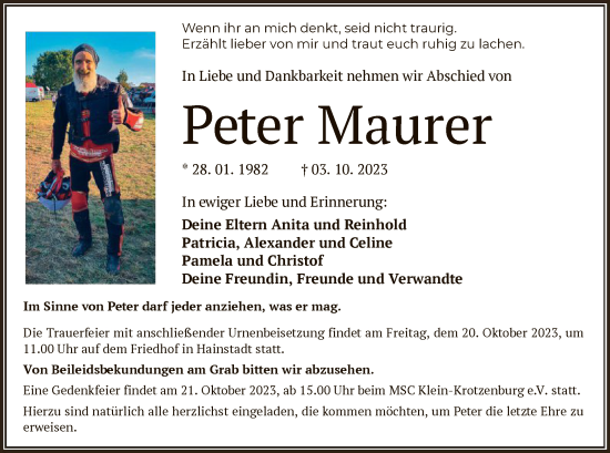 Traueranzeige von Peter Maurer von OF