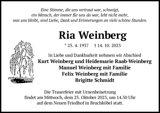 Traueranzeige von Ria Weinberg von OF