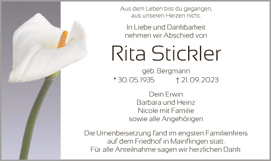 Traueranzeige von Rita Stickler von OF