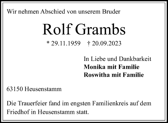 Traueranzeige von Rolf Grambs von OF