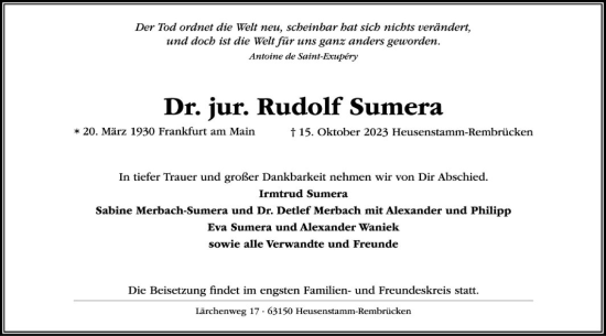 Traueranzeige von Rudolf Sumera von OF