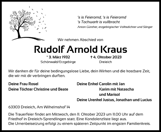Traueranzeige von Rudolf Arnold Kraus von OF
