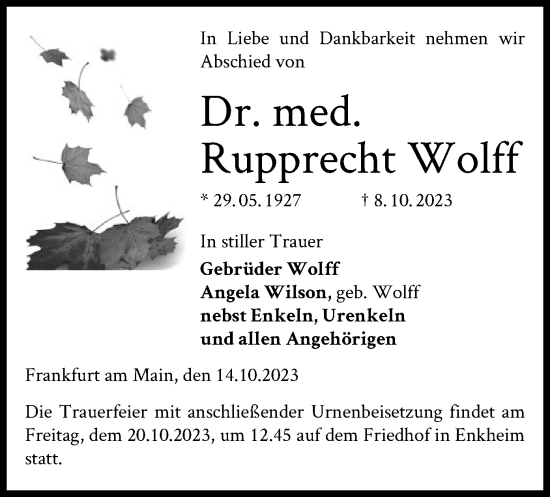 Traueranzeige von Rupprecht Wolff von OF