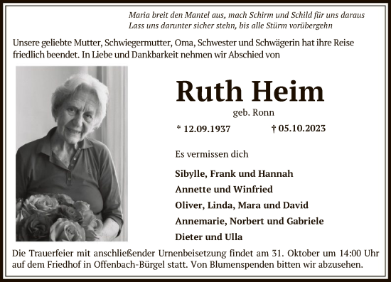 Traueranzeige von Ruth Heim von OF