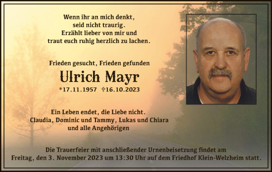 Traueranzeige von Ulrich Mayr von OF