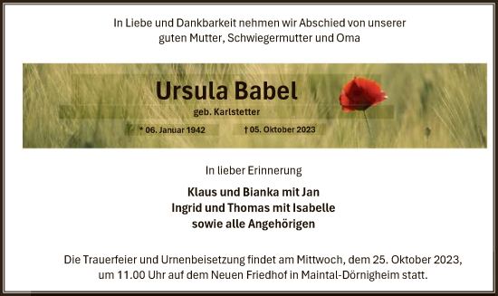 Traueranzeige von Ursula Babel von OF