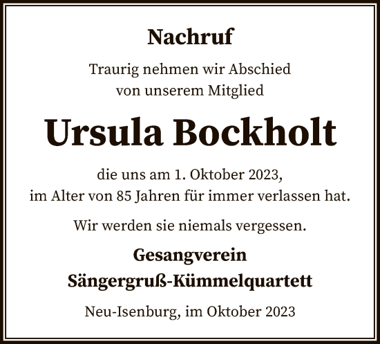 Traueranzeige von Ursula Bockholt von OF