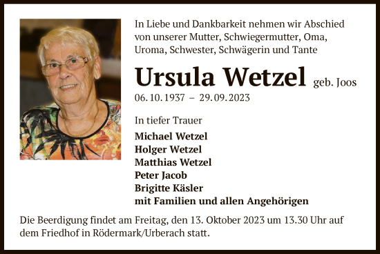 Traueranzeige von Ursula Wetzel von OF