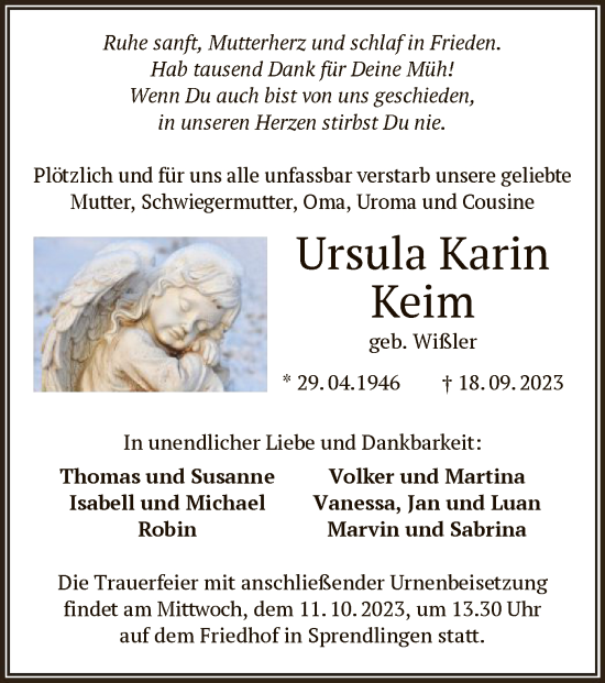 Traueranzeige von Ursula Karin Keim von OF