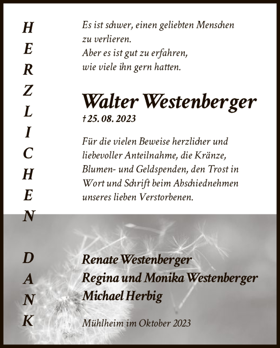 Traueranzeige von Walter Westenberger von OF