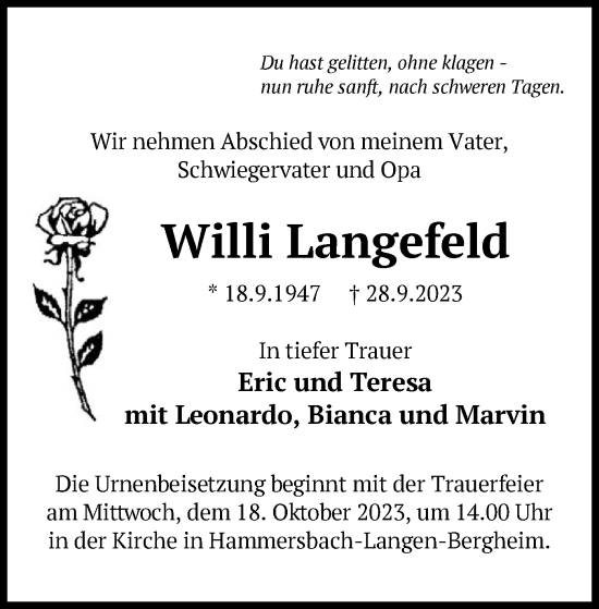 Traueranzeige von Willi Langefeld von OF