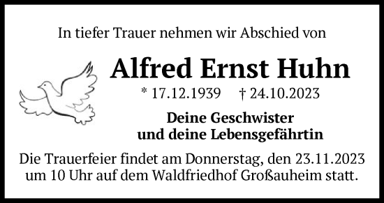 Traueranzeige von Alfred Ernst Huhn von OF