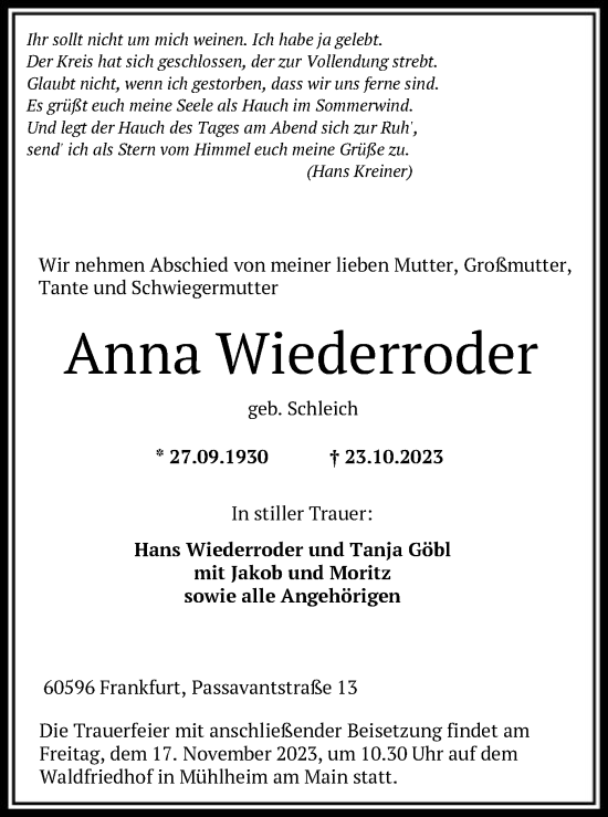 Traueranzeige von Anna Wiederroder von OF