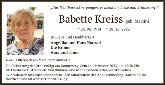 Traueranzeige von Babette Kreis von OF