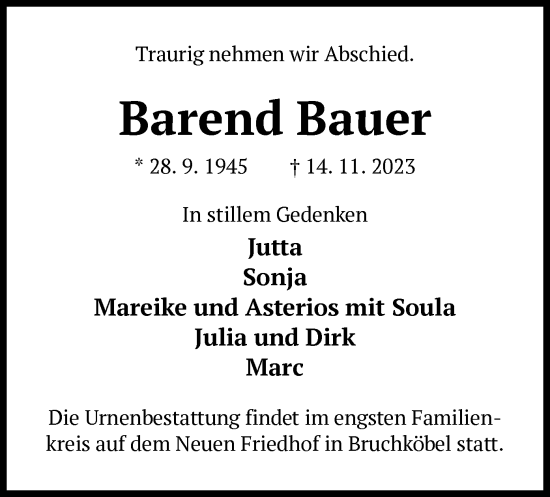 Traueranzeige von Barend Bauer von OF