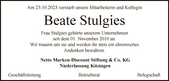 Traueranzeige von Beate Stulgies von OF