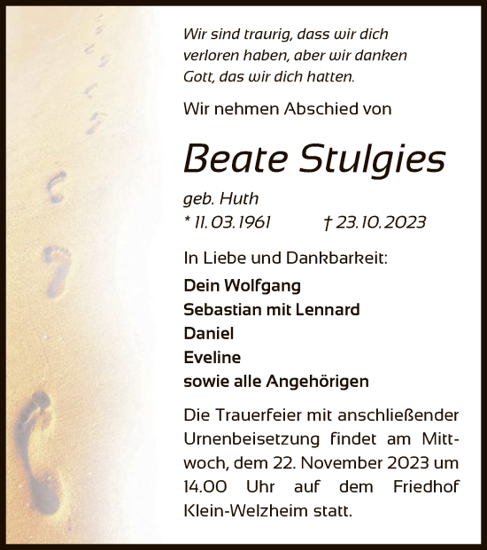 Traueranzeige von Beate Stulgies von OF