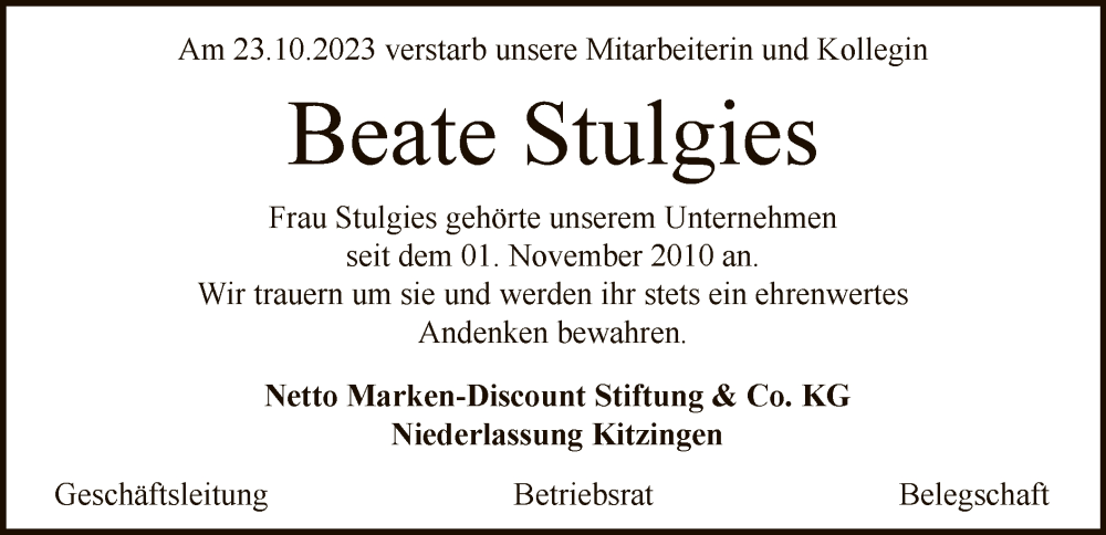  Traueranzeige für Beate Stulgies vom 15.11.2023 aus OF