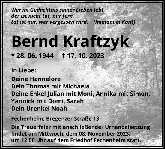 Traueranzeige von Bernd Kraftzyk von OF