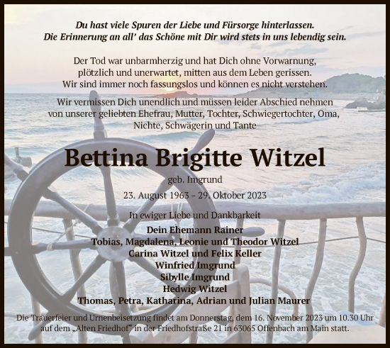 Traueranzeige von Bettina Brigitte Witzel von OF