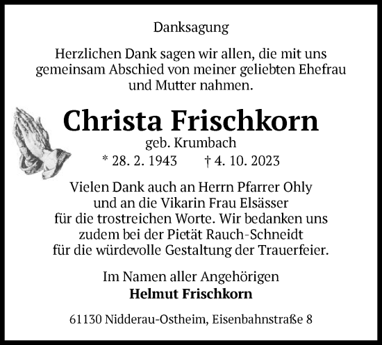 Traueranzeige von Christa Frischkorn von OF