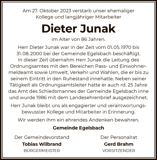 Traueranzeige von Dieter Junak von OF