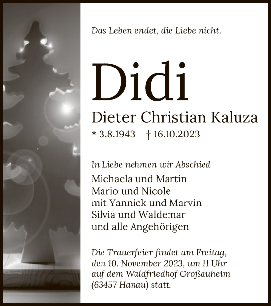 Traueranzeige von Dieter Christian Kaluza von OF