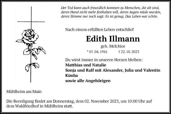 Traueranzeige von Edith Illmann von OF