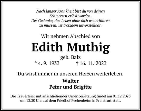 Traueranzeige von Edith Muthig von OF