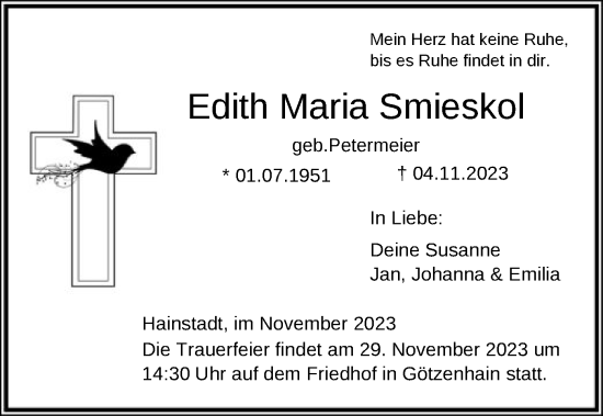 Traueranzeige von Edith Maria Smieskol von OF