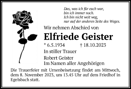 Traueranzeige von Elfriede Geister von OF