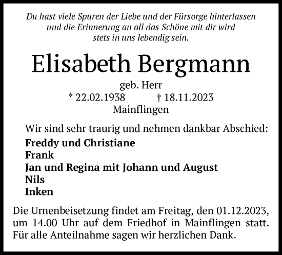 Traueranzeige von Elisabeth Bergmann von OF