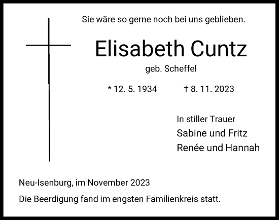 Traueranzeige von Elisabeth Cuntz von OF