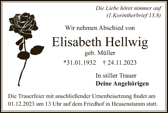 Traueranzeige von Elisabeth Hellwig von OF