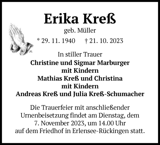 Traueranzeige von Erika Kreß von OF