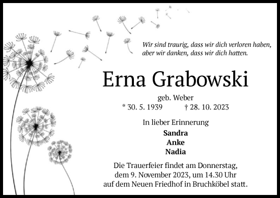 Traueranzeige von Erna Grabowski von OF